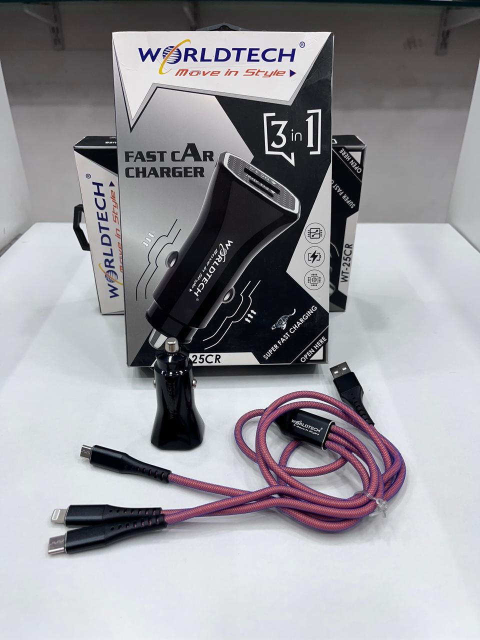 Worldtech 3 in 1 fast car charger (2 year guarantee)