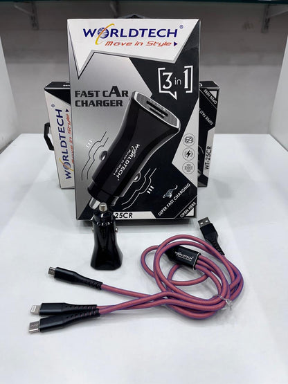 Worldtech 3 in 1 fast car charger (2 year guarantee)
