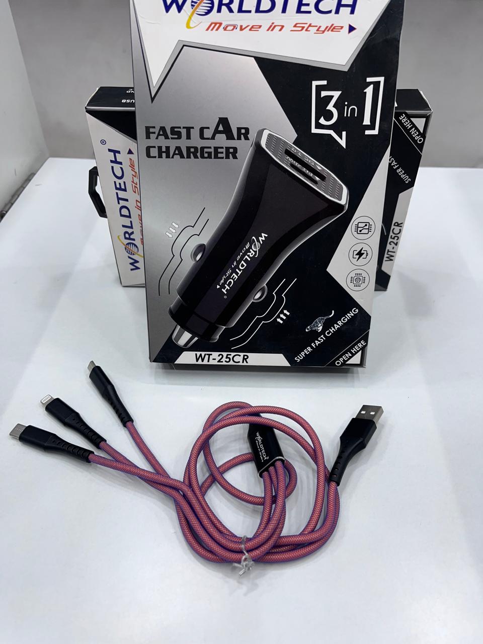 Worldtech 3 in 1 fast car charger (2 year guarantee)