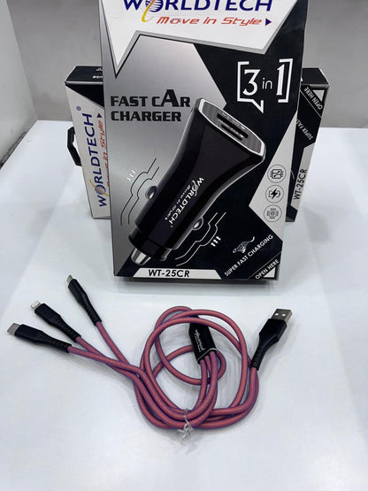 Worldtech 3 in 1 fast car charger (2 year guarantee)