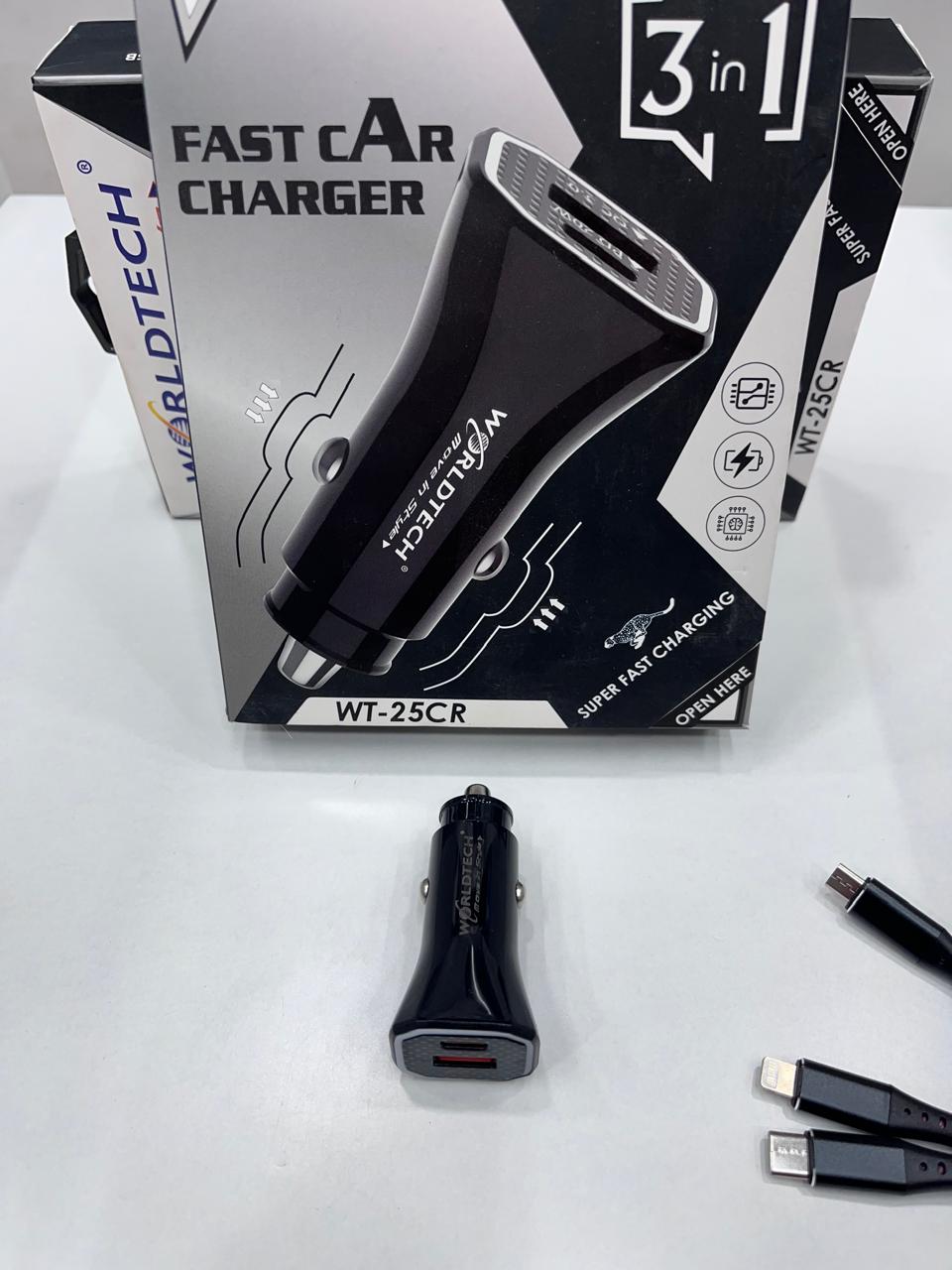 Worldtech 3 in 1 fast car charger (2 year guarantee)