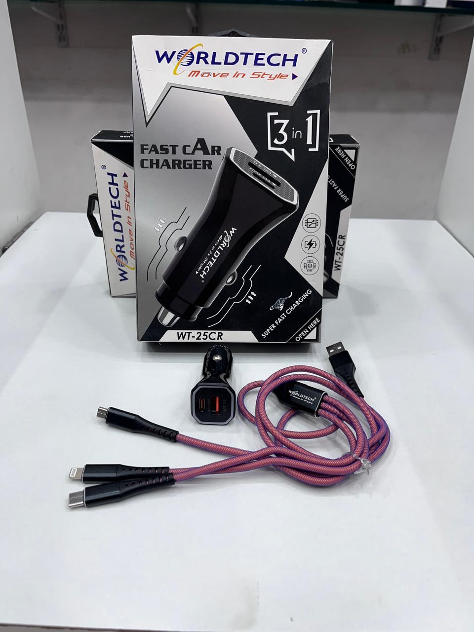 Worldtech 3 in 1 fast car charger (2 year guarantee)