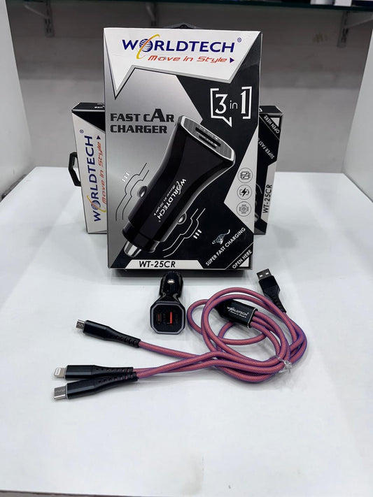 Worldtech 3 in 1 fast car charger (2 year guarantee)